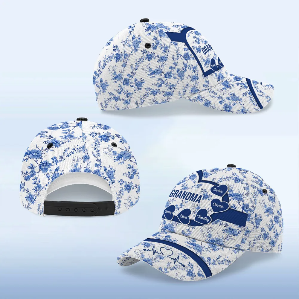 Blue Heart Floral Chinoiserie Patterned Personalized Cap, Mother's Day gift for Mom, Grandma
