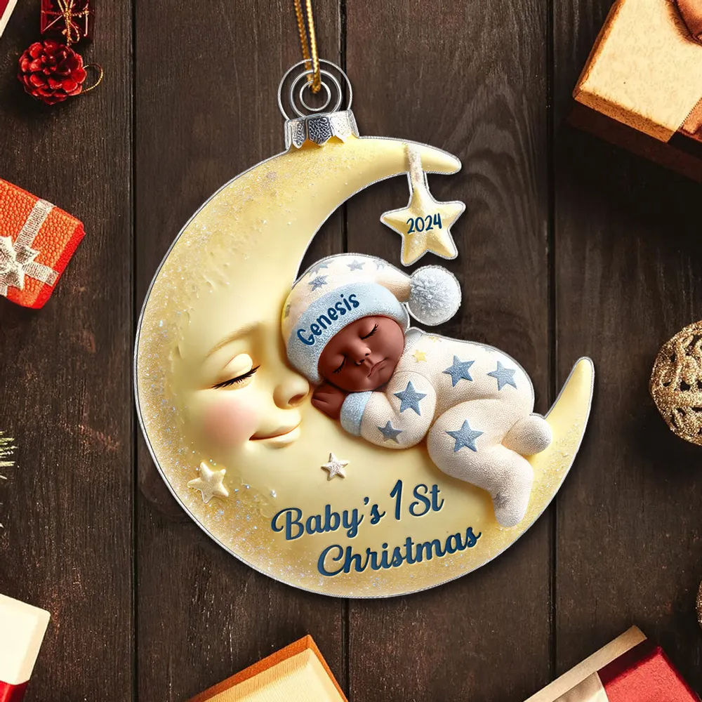 Baby On Moon First Christmas Keepsake Personalized Acrylic Ornament