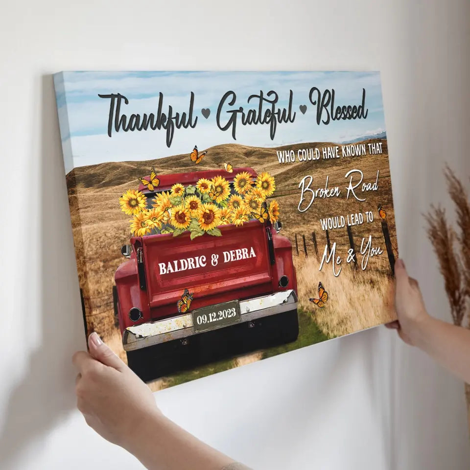 Personalized Canvas Prints - Rustic Farmhouse Red Truck, Customized Anniversary Couples Gifts, Thankful, Grateful, Blessed