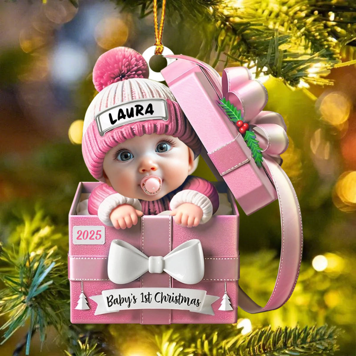 Baby First Christmas, Baby Reveals, Gift Box - Personalized Custom Shaped Acrylic Ornament