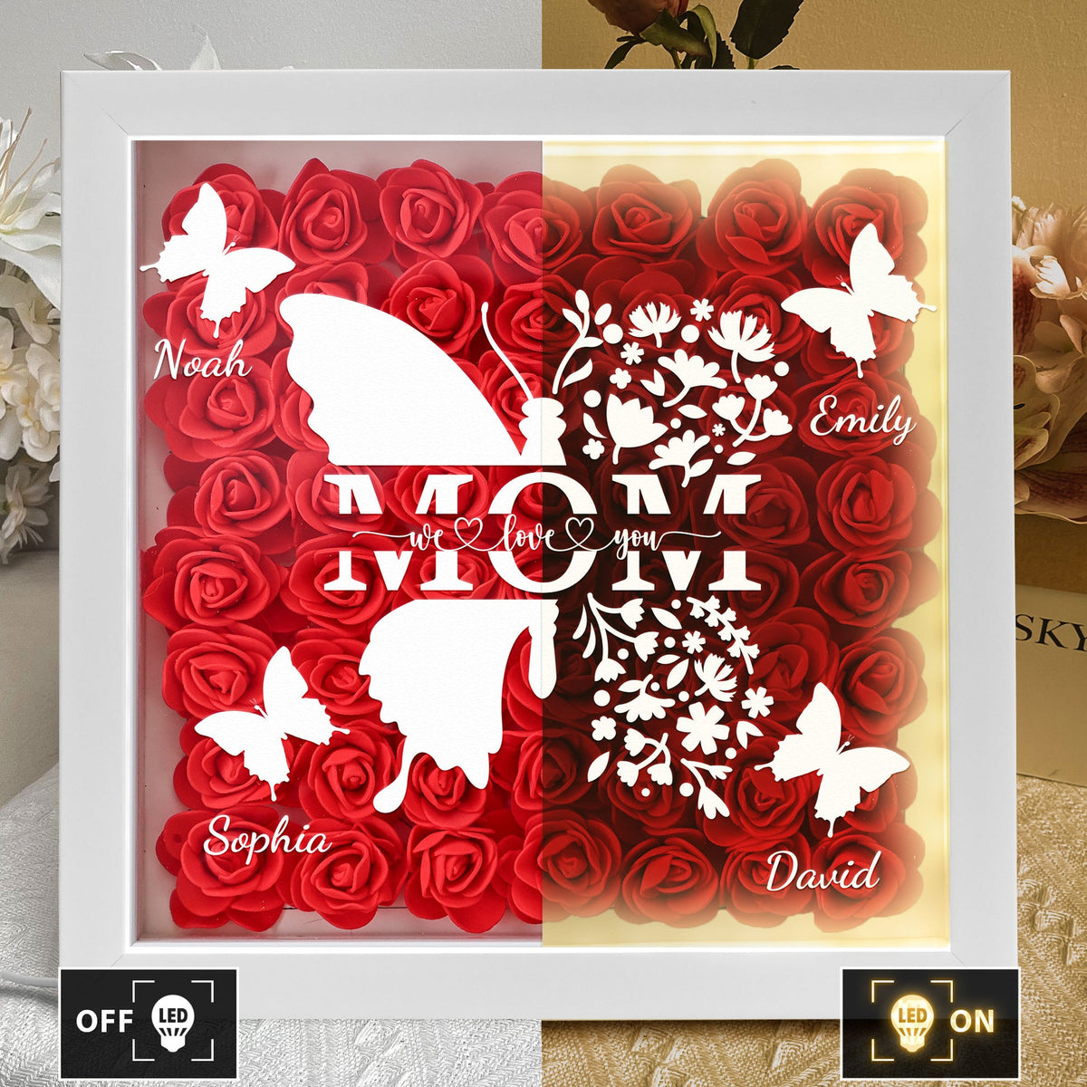 Mom Butterfly Mother's Day Gift - Personalized Flower Shadow Box With LED Light