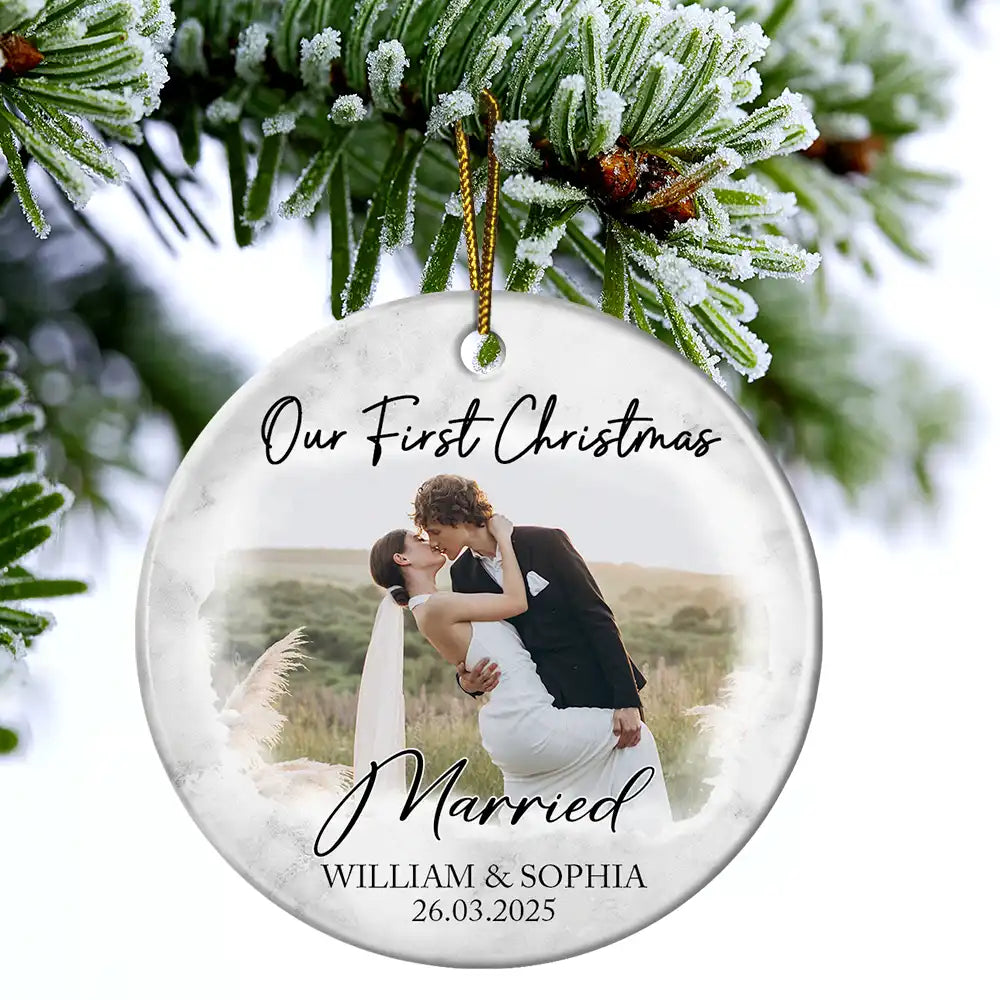 Custom Photo First Christmas Couples - Personalized Circle Ceramic Ornament