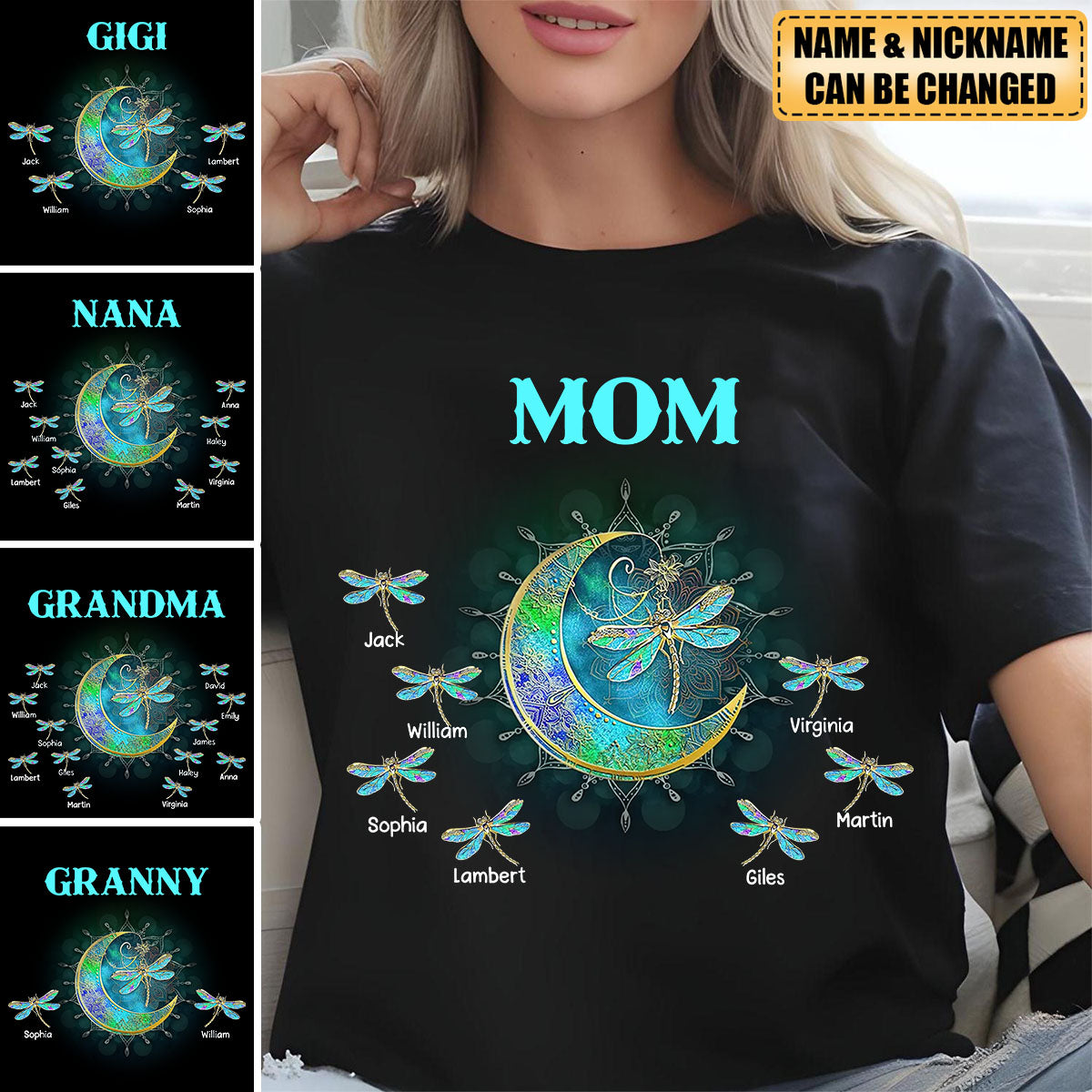 Personalized Grandma/Mom Kids Dragonfly Moon T-shirt