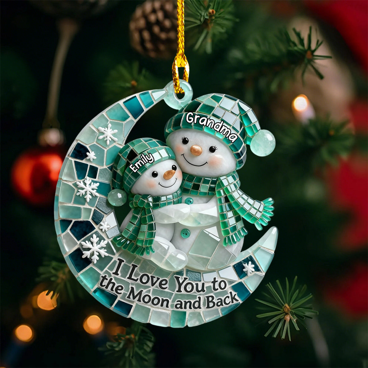 Personalized Sea Glass I Love You To The Moon and Back Snowman, Gift For Grandparents and Family Ornament