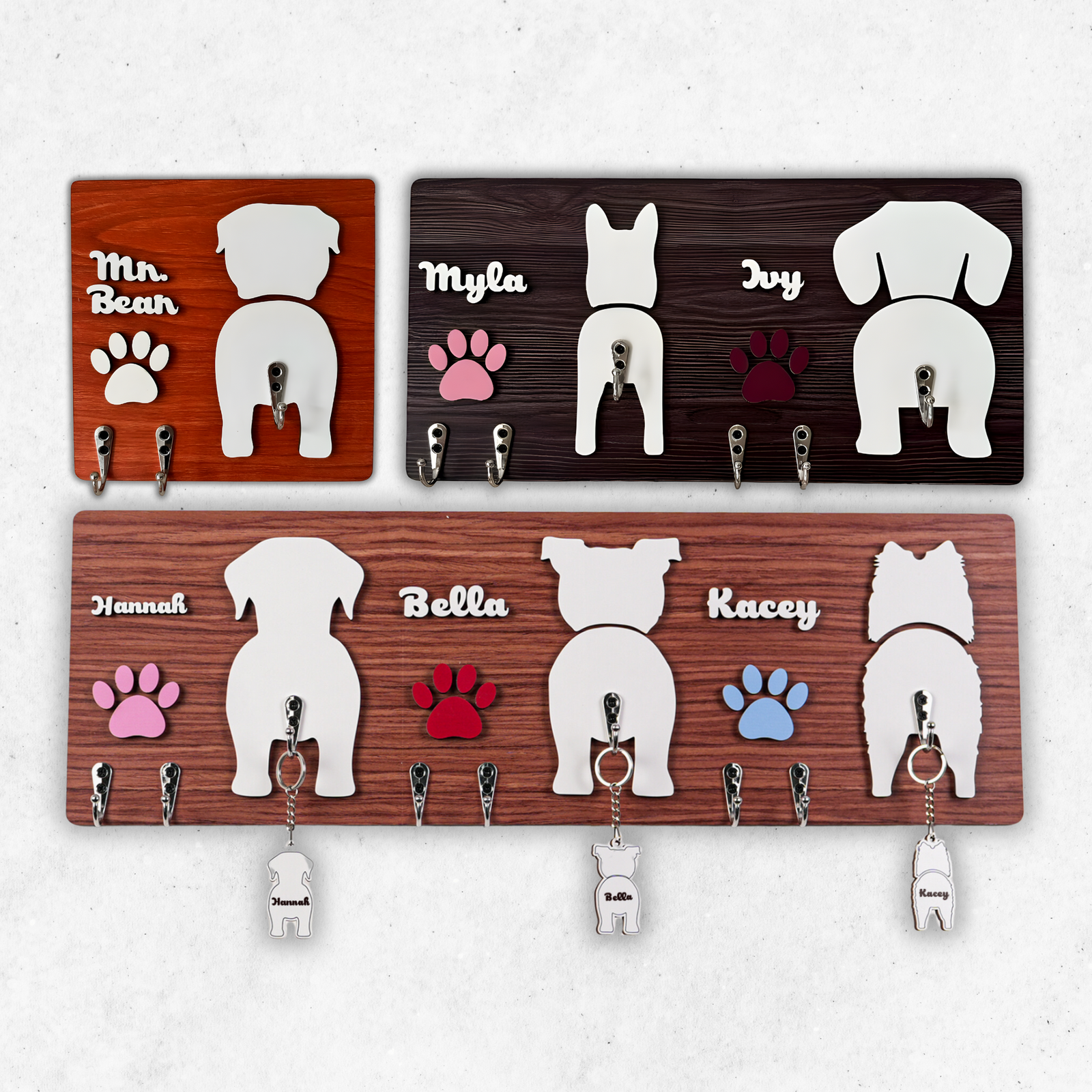Personalized 2 Layers Wooden Dog Leash Key Hanger Gift For Dog Lover