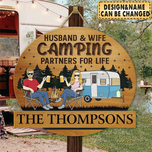 Camping Couple Husband & Wife Camping Partners For Life - Personalized Wood Sign