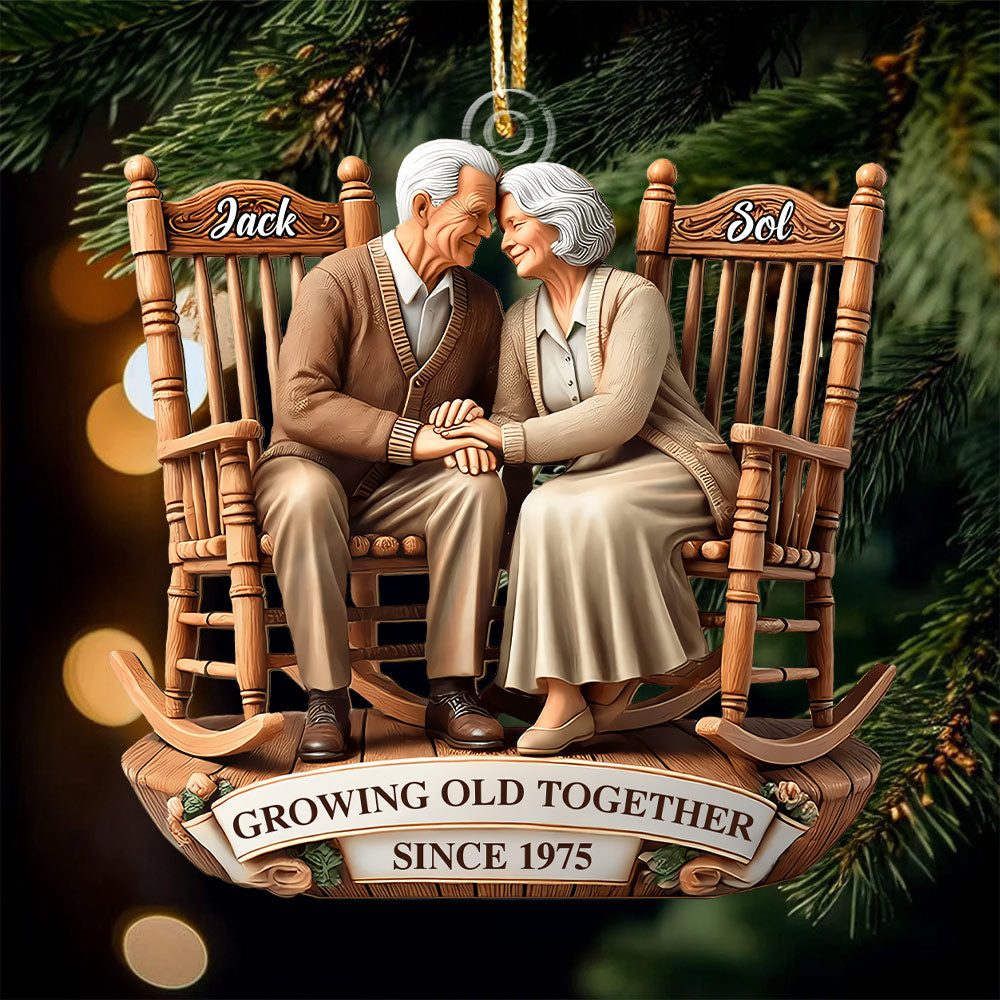 Old Couple Sitting On Rocking Chairs Together - Personalized Ornament