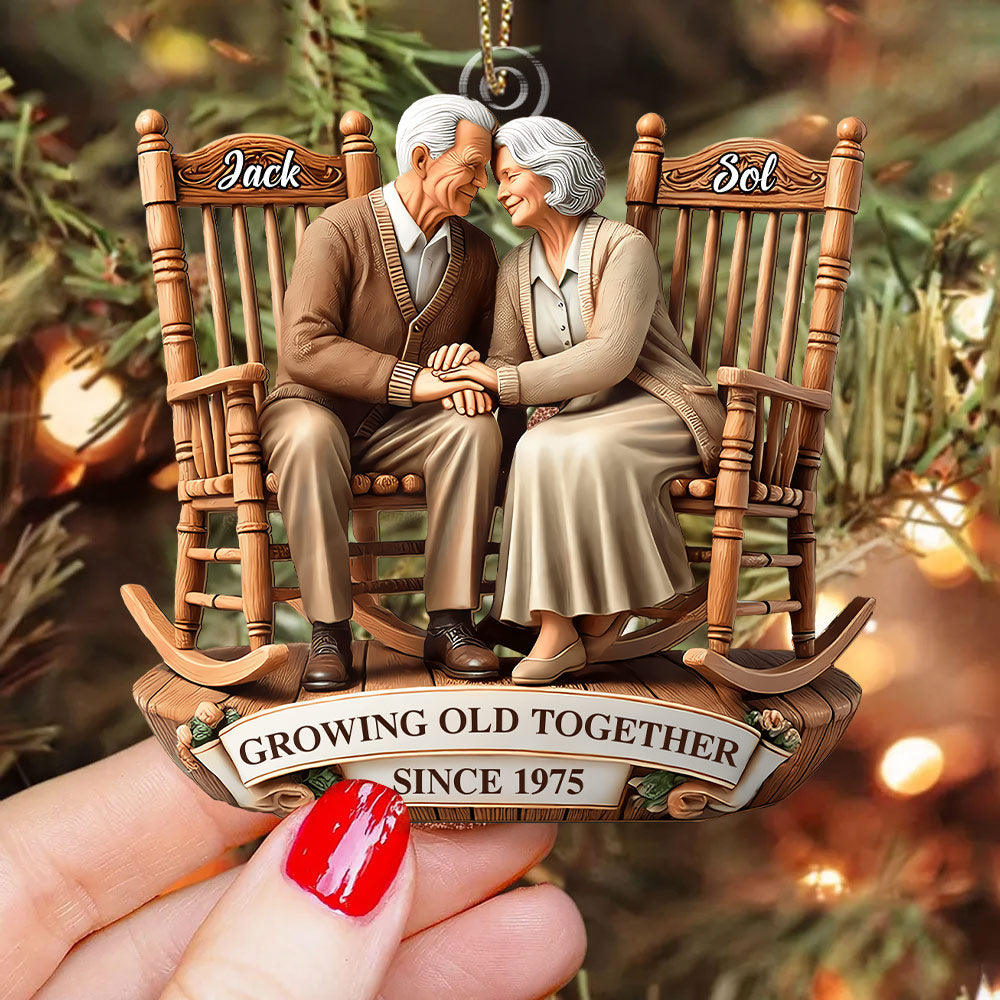 Old Couple Sitting On Rocking Chairs Together - Personalized Ornament