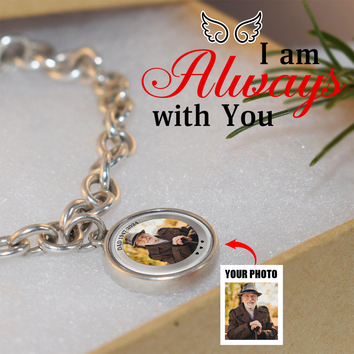 I'm Always With You - Memorial Personalized Photo Charm Bracelet