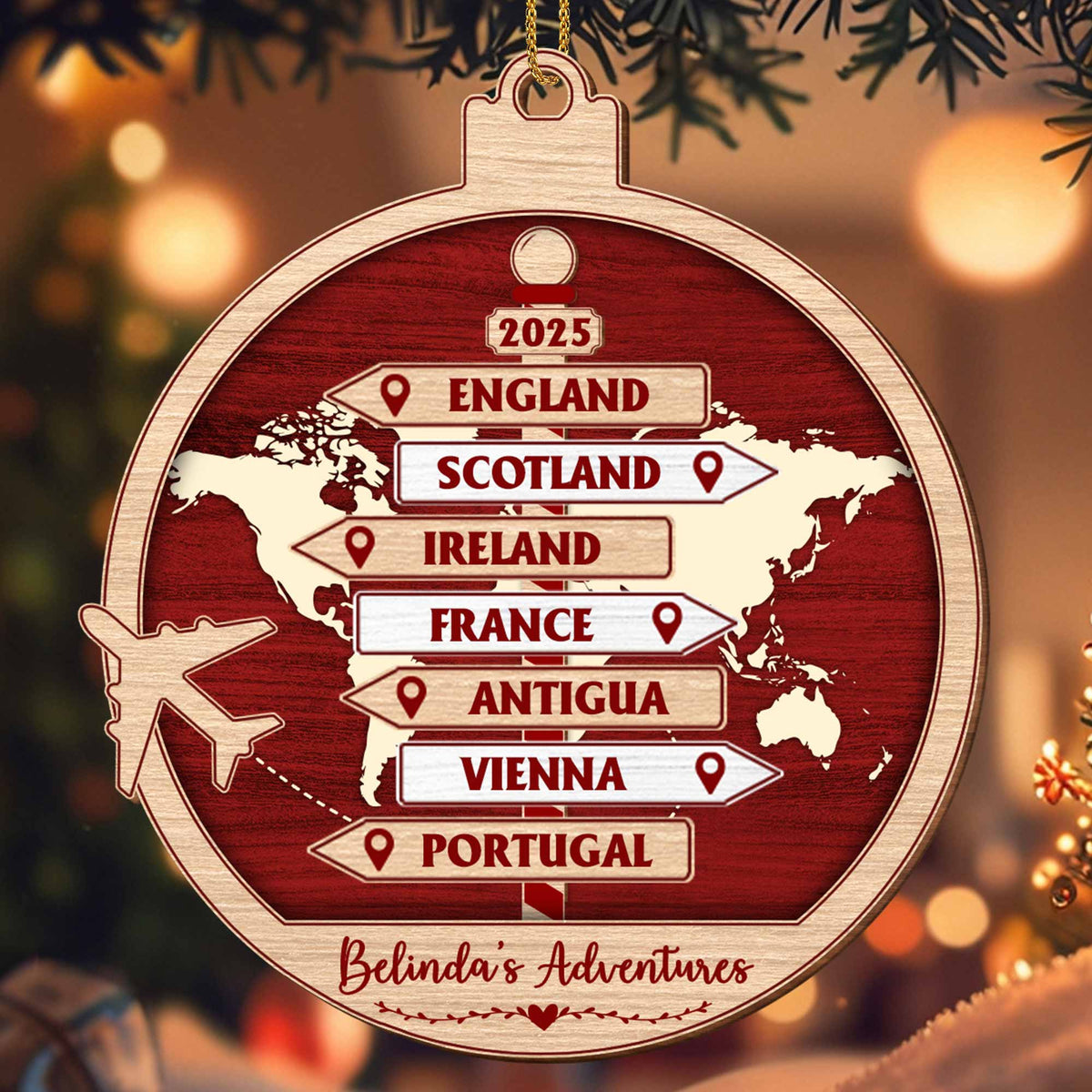 Explore The World, Cherish Each Adventure, Personalized Custom World Map And Airplane Ornament