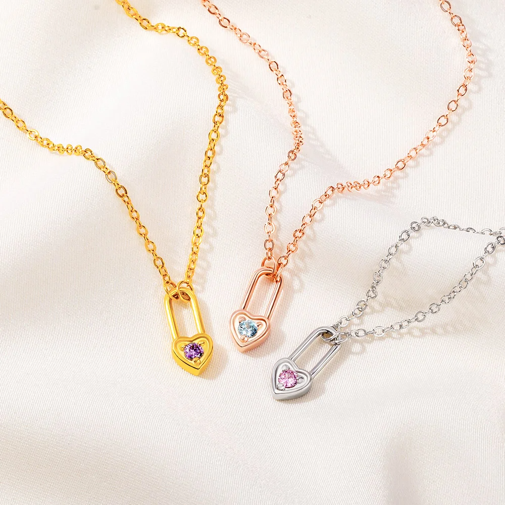 Personalized Tiny Heart Padlock Necklace with Birthstone Dainty Jewelry