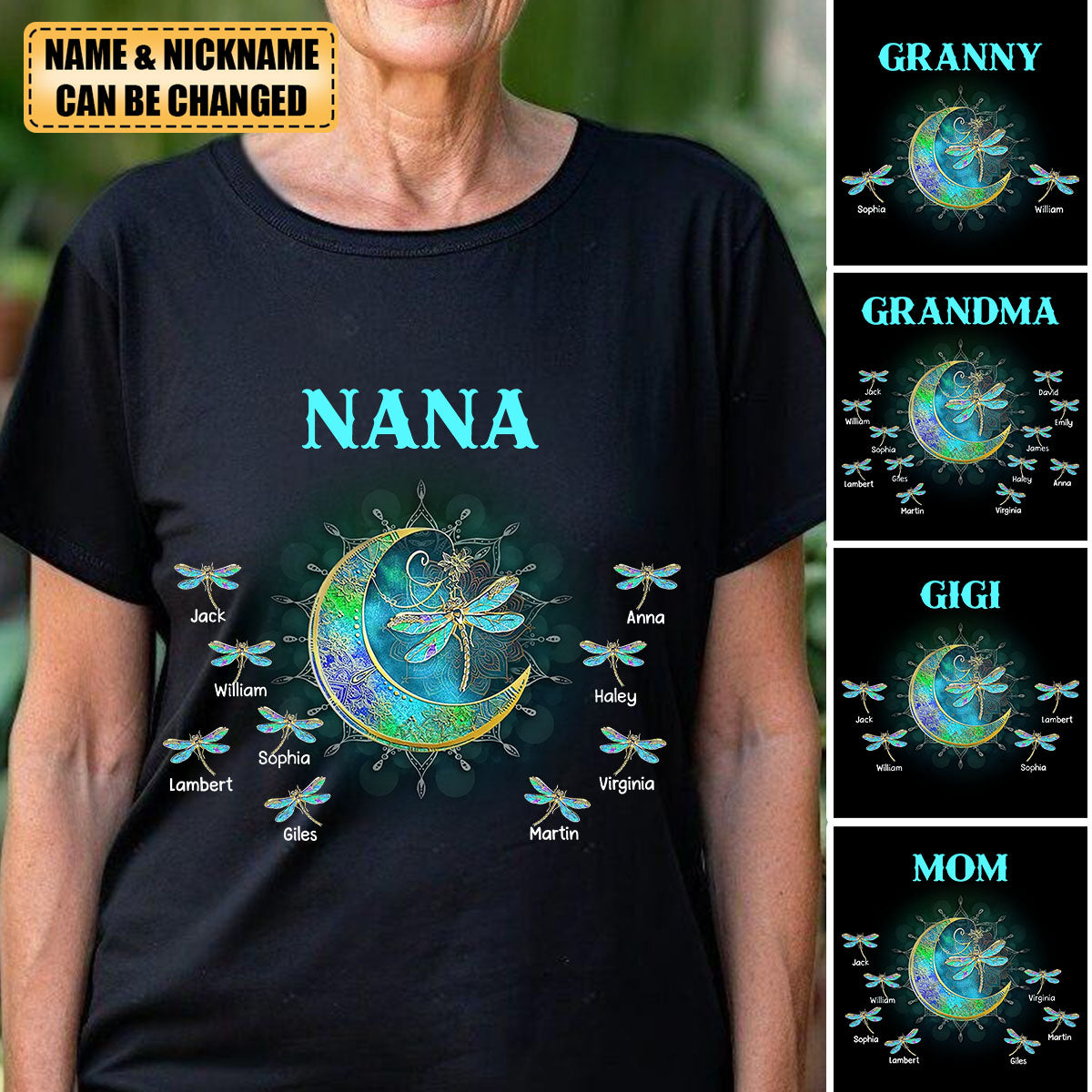 Personalized Grandma/Mom Kids Dragonfly Moon T-shirt