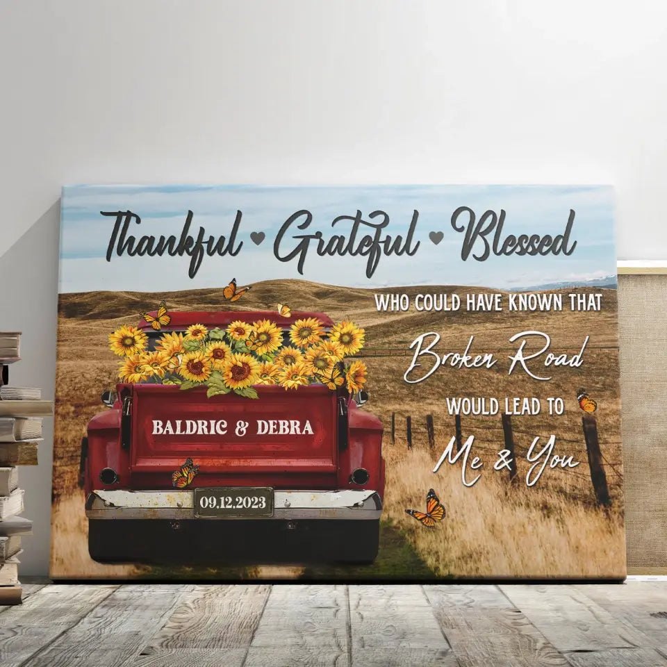 Personalized Canvas Prints - Rustic Farmhouse Red Truck, Customized Anniversary Couples Gifts, Thankful, Grateful, Blessed