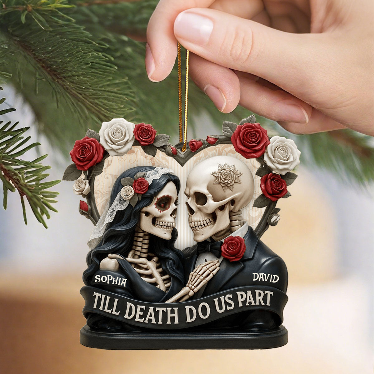 Till Death Do Us Part, Skeletons And Roses, Custom Acrylic Ornament, Personalized Gift For Couples and Art Lovers