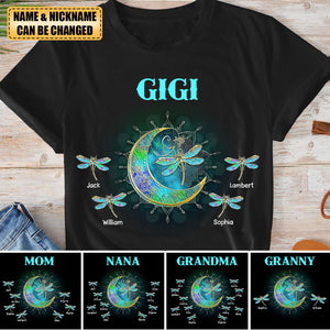 Personalized Grandma/Mom Kids Dragonfly Moon T-shirt