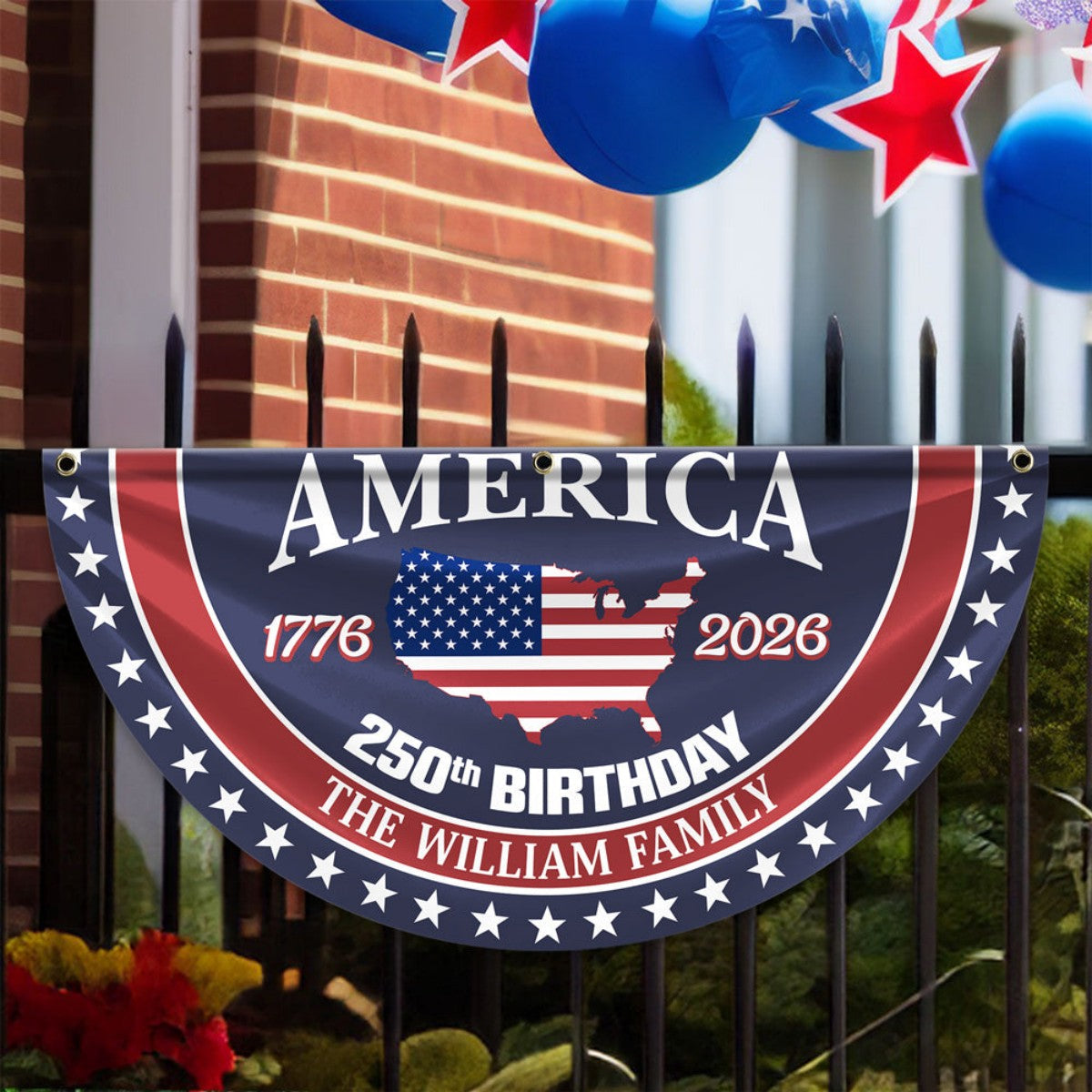 Personalized Family Name America 250 Birthday 1776-2026 Non-Pleated Fan Flag