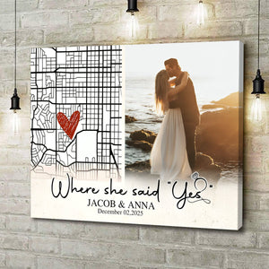 Personalized Engaged Gift, Where She Said Yes Custom Engagement Map Canvas, Engagement Gift for Couple, Unique Gift For Newly Engaged