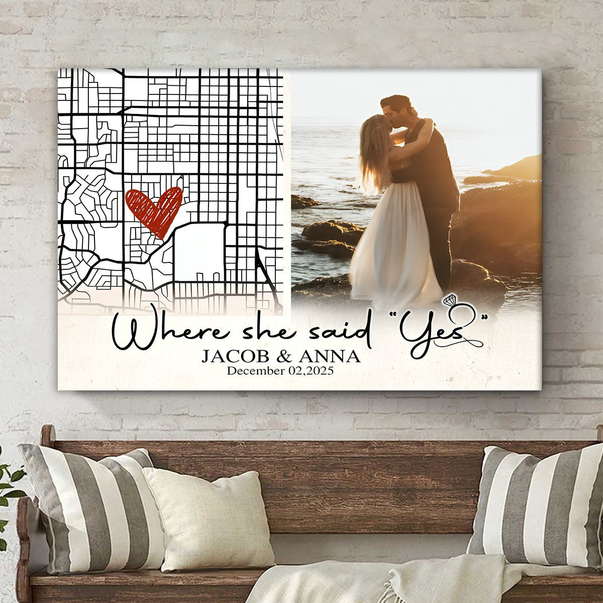 Personalized Engaged Gift, Where She Said Yes Custom Engagement Map Canvas, Engagement Gift for Couple, Unique Gift For Newly Engaged