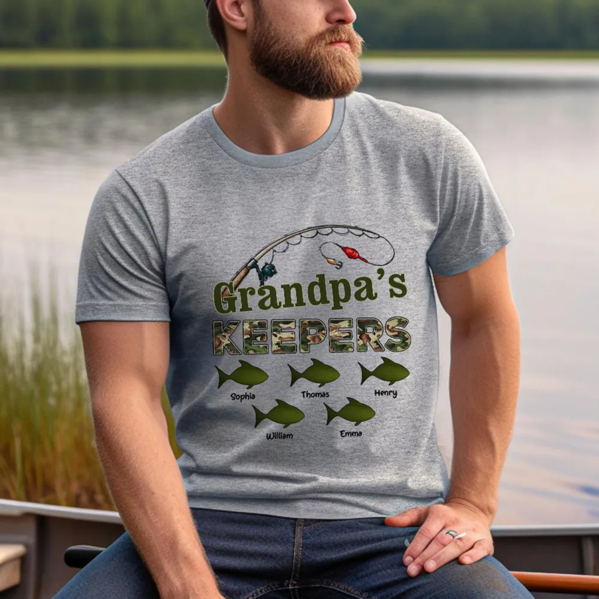 Grandpa‘s Keepers Camouflage Pattern Fishing Personalized Pure Cotton T-Shirt