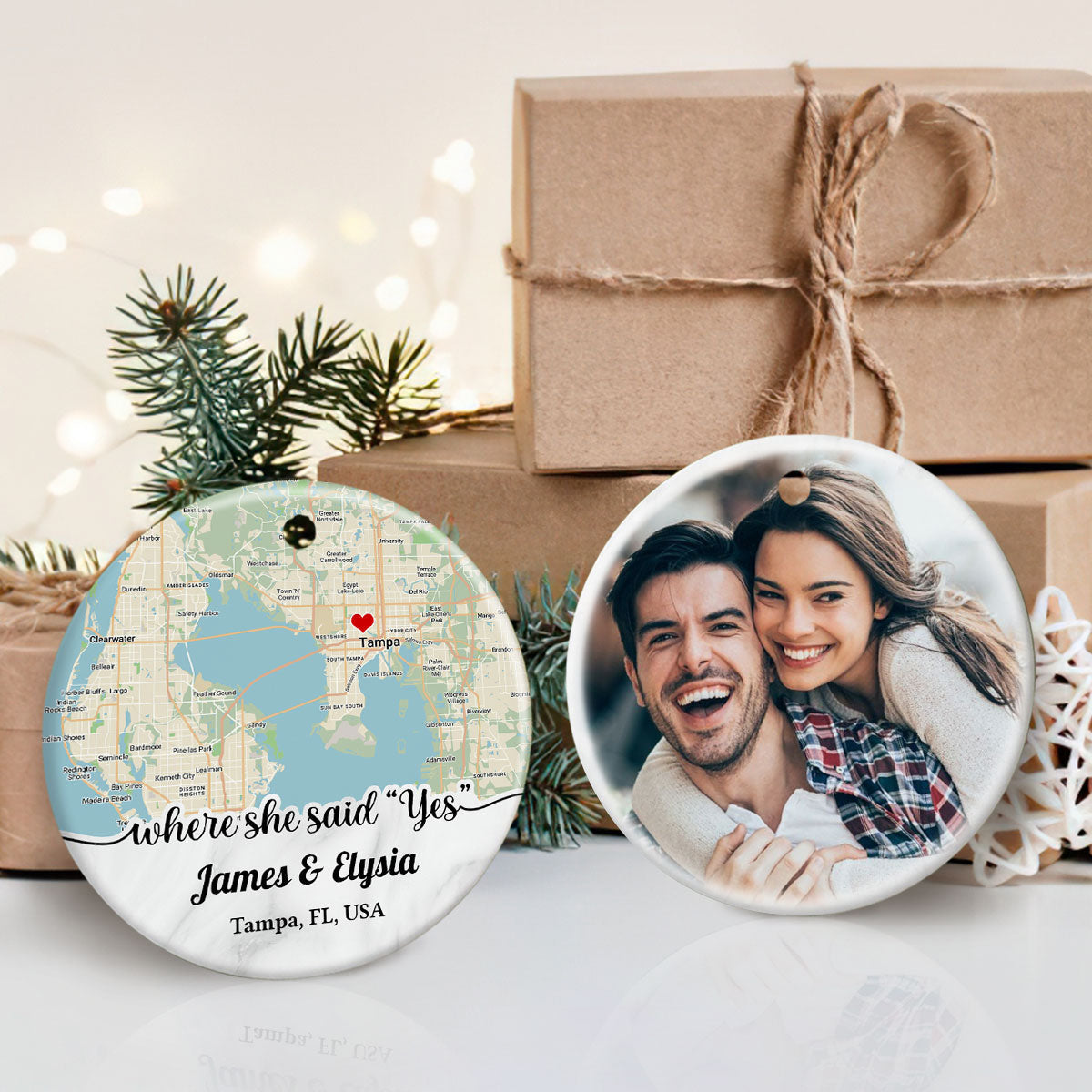 Personalized Couple Location Map Engagement Ornament - Custom Map & Photo Gift