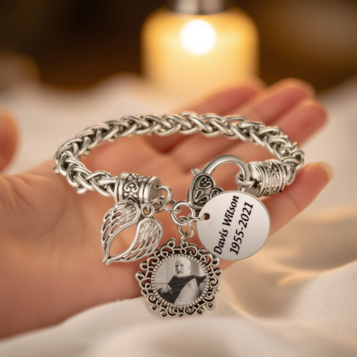 Engraved Name Personalized Memorial Antique Bracelet With Photo