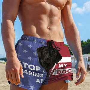 3D Stop staring at my dog Black Labrador Custom Beach Shorts Swim Trunks