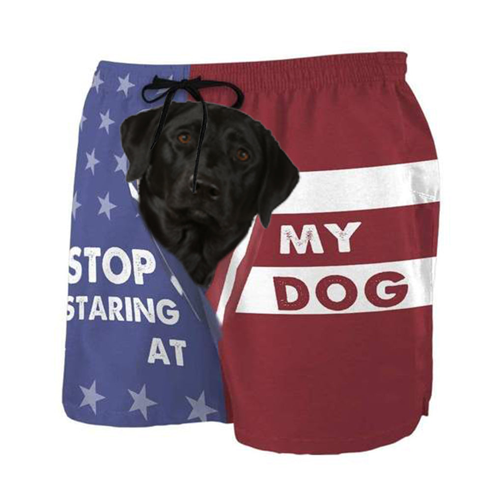 3D Stop staring at my dog Black Labrador Custom Beach Shorts Swim Trunks