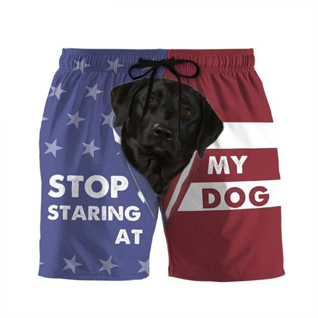 3D Stop staring at my dog Black Labrador Custom Beach Shorts Swim Trunks