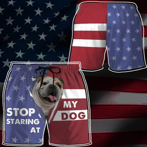 3D Stop staring at my dog English Bulldog Beach Shorts Swim Trunks