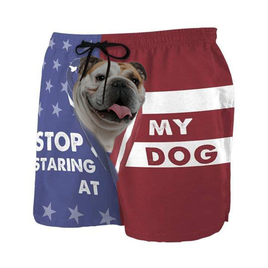 3D Stop staring at my dog English Bulldog Beach Shorts Swim Trunks