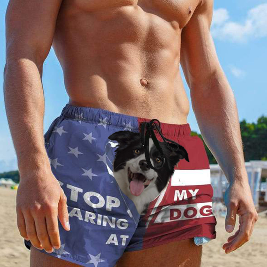 3D Stop staring at my dog Border Collie Custom Beach Shorts Swim Trunks