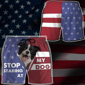 3D Stop staring at my dog Border Collie Custom Beach Shorts Swim Trunks