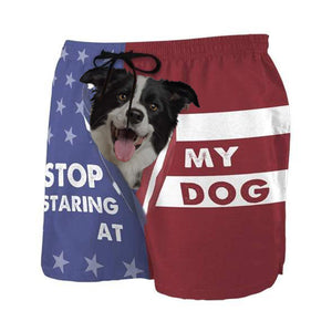 3D Stop staring at my dog Border Collie Custom Beach Shorts Swim Trunks