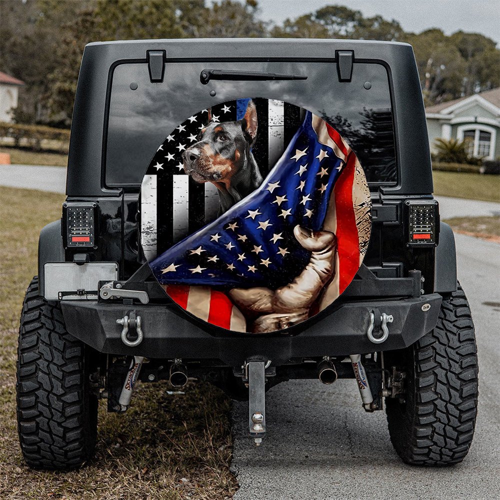 Doberman Pinscher Inside American Flag Independence Day Spare Tire Cover