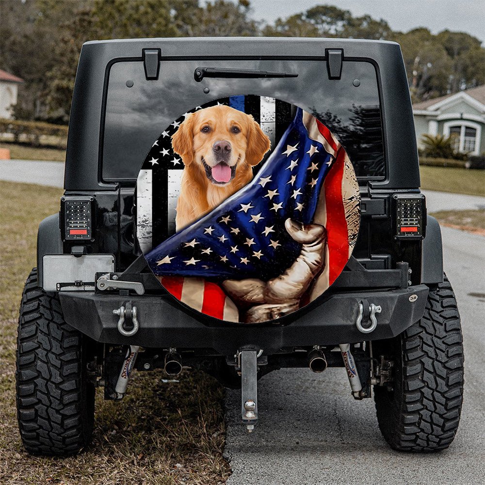 Golden Retriever Inside American Flag Independence Day Spare Tire Cover