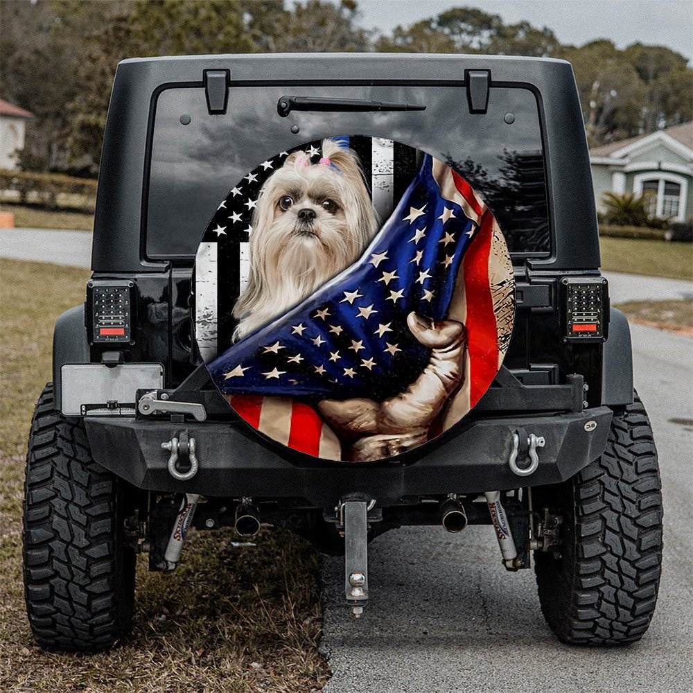 Shih Tzu Inside American Flag Independence Day Spare Tire Cover