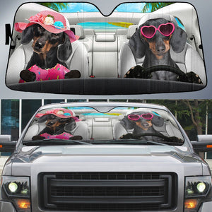 Dachshund-Dog Summer Vacation Couple Car Sun Shade Cover Auto Windshield