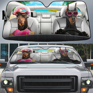 Doberman Pinscher-Dog Summer Vacation Couple Car Sun Shade Cover Auto Windshield