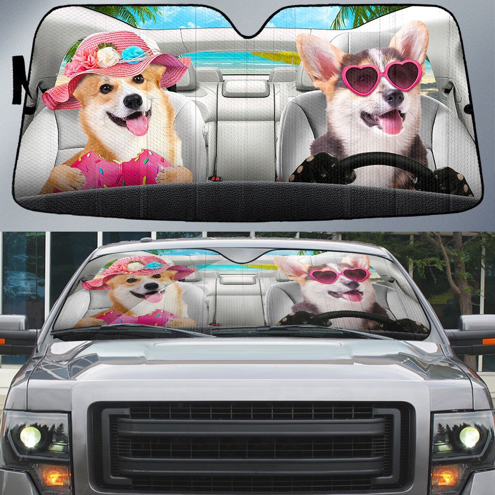 Pembroke Welsh Corgi-Dog Summer Vacation Couple Car Sun Shade Cover Auto Windshield