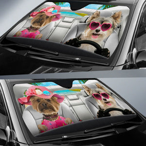 Yorkshire Terrier-Poo-Dog Summer Vacation Couple Car Sun Shade Cover Auto Windshield