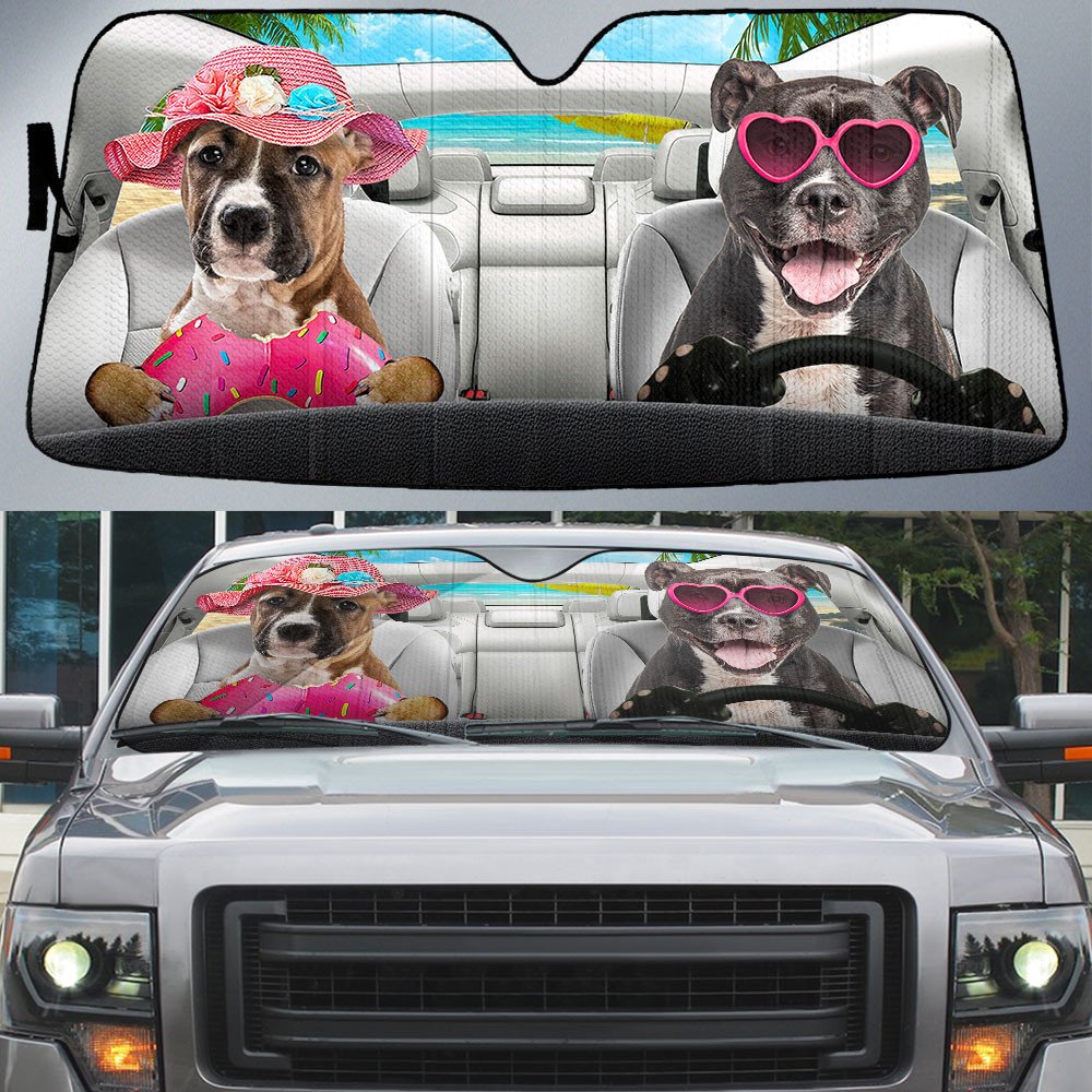 American Staffordshire Terrier-Dog Summer Vacation Couple Car Sun Shade Cover Auto Windshield