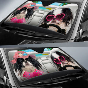 Japanese Chin-Dog Summer Vacation Couple Car Sun Shade Cover Auto Windshield