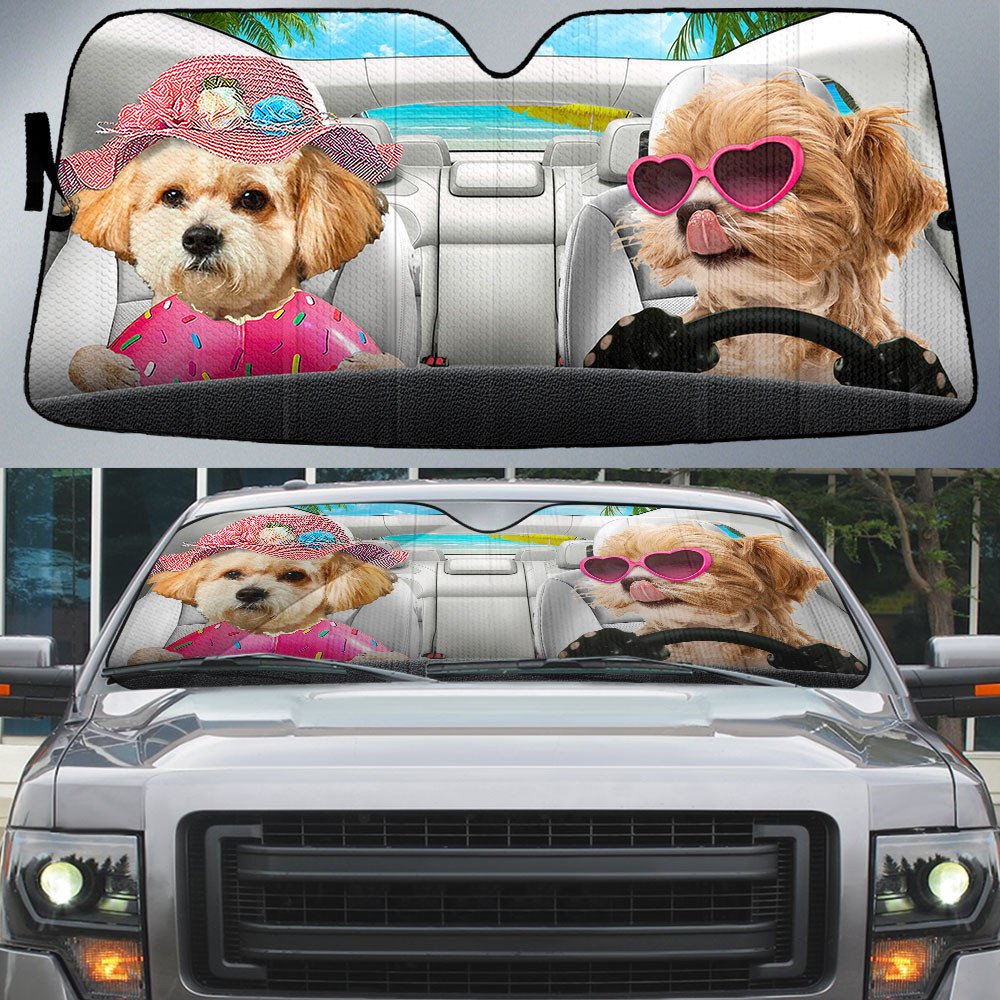 Maltipoo-Dog Summer Vacation Couple Car Sun Shade Cover Auto Windshield