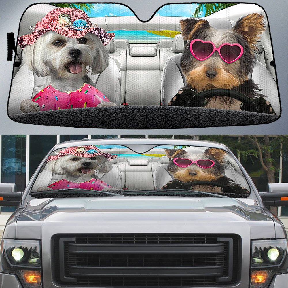 Morkie-Dog Summer Vacation Couple Car Sun Shade Cover Auto Windshield