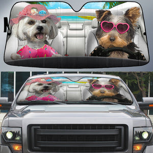 Morkie-Dog Summer Vacation Couple Car Sun Shade Cover Auto Windshield