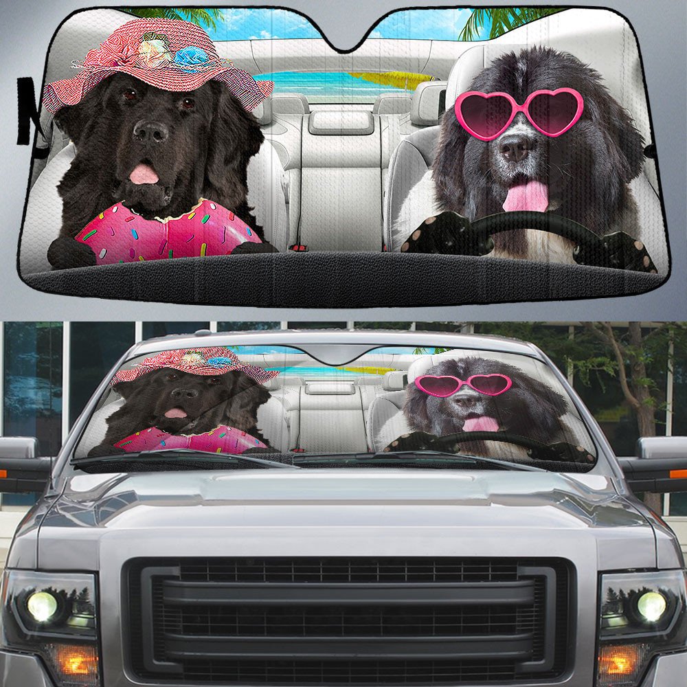 Newfoundland-Dog Summer Vacation Couple Car Sun Shade Cover Auto Windshield