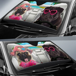 Pug-Dog Summer Vacation Couple Car Sun Shade Cover Auto Windshield