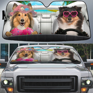 Shetland Sheepdog-Dog Summer Vacation Couple Car Sun Shade Cover Auto Windshield