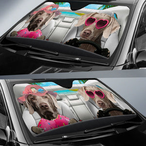 Weimaraner-Dog Summer Vacation Couple Car Sun Shade Cover Auto Windshield