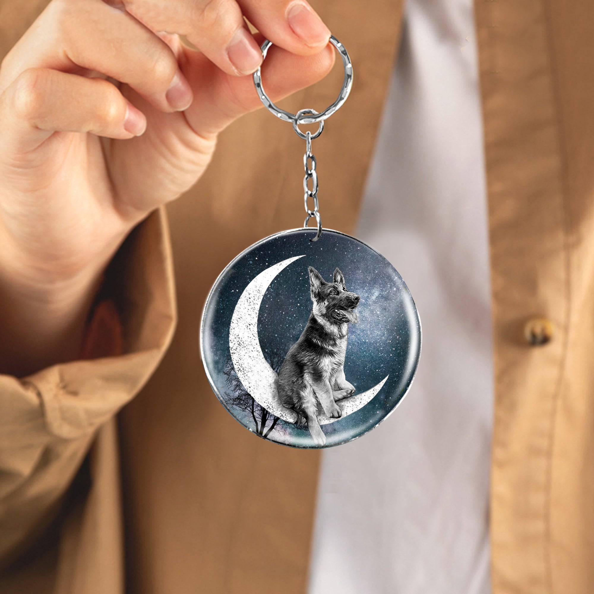 German shepherd-Stars and Moon-Round Resin Epoxy Metal Keychain